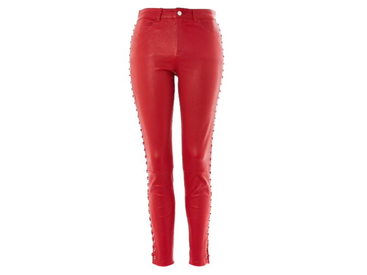 Women Red Trendy Fashionable Slim Fit Party Casual Wear Side Lace Up Leather Pants - Attileo Handmade Adult Leather Products