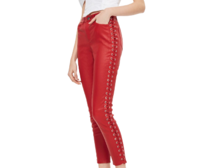 Women Red Trendy Fashionable Slim Fit Party Casual Wear Side Lace Up Leather Pants - Attileo Handmade Adult Leather Products
