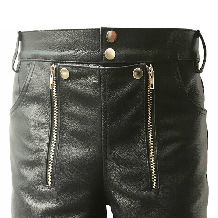 Men Pure Leather Handmade Party Casual Club Wear Leisure Winter Double Zipper Leather Shorts - Attileo Handmade Adult Leather Products