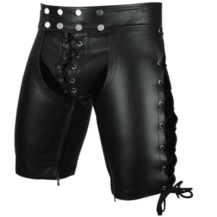 Gay Pure Leather Fetish Gear BDSM Chastity Side Lace Up Chaps Club Party Wear Shorts with Jockstrap - Attileo Handmade Adult Leather Products