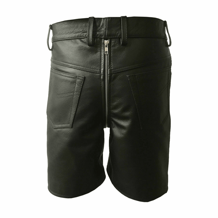 Men Pure Leather Handmade Party Casual Club Wear Leisure Winter Double Zipper Leather Shorts - Attileo Handmade Adult Leather Products