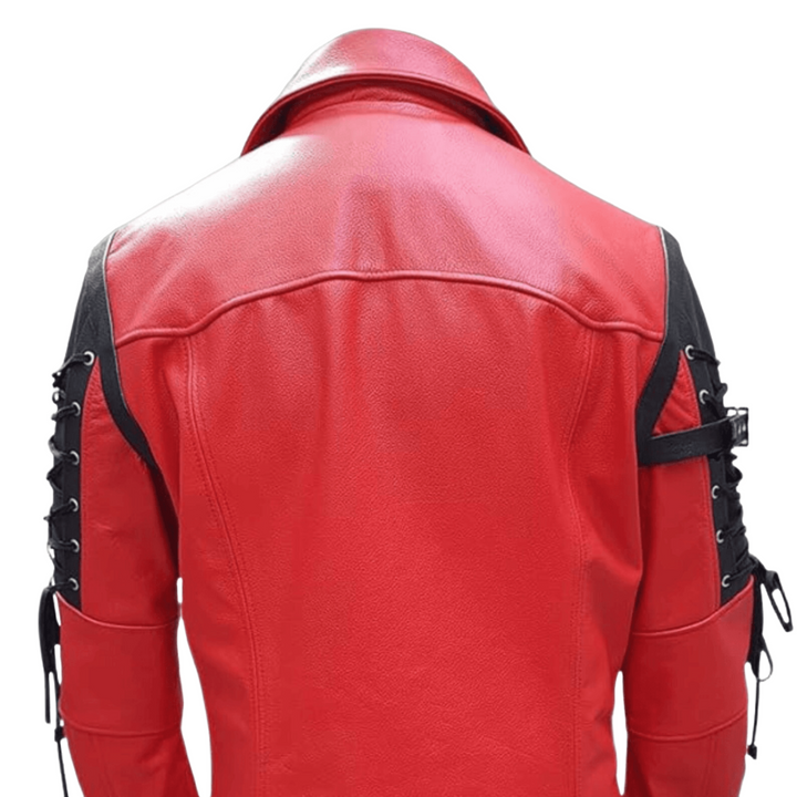 Red and Black Genuine Leather Steampunk Trench Coat for Men