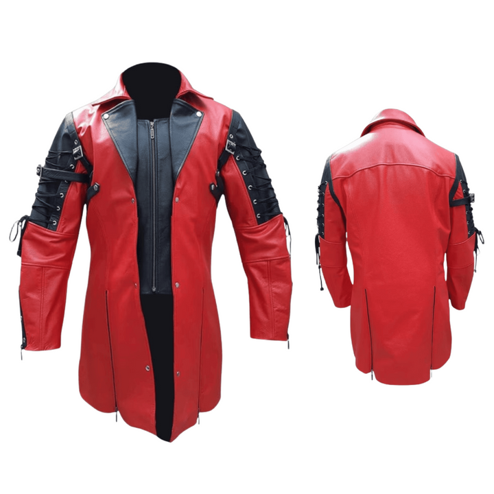 Red and Black Genuine Leather Steampunk Trench Coat for Men