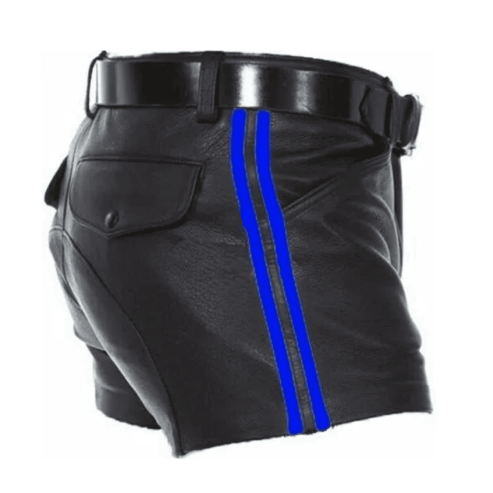 Blue striped leather shorts,
Men's party leather shorts,
Cosplay leather shorts,
Leather shorts for festivals,
Bold leather fashion for men,
Stylish leather shorts men's wear,
Black leather shorts with Blue racing stripes,
Men's high-rise leather shorts with belt,
Custom fit leather shorts for men,
Men's edgy street style leather shorts,
Designer men's leather shorts for clubbing,
Durable genuine leather fetish shorts,