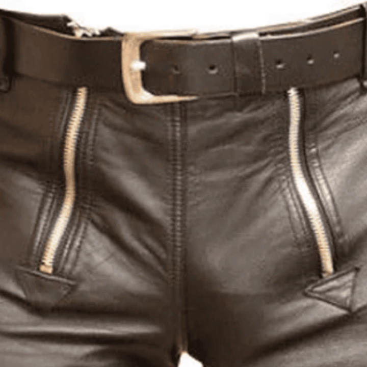 Mens Handmade Pure Leather Double Zipper Casual Club Wear Leisure Shorts with Belt - Attileo Handmade Adult Leather Products