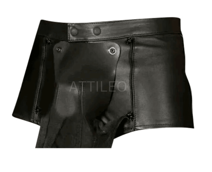 Men Real Leather Chastity Lockable Double Zips Club Wear Shorts with Rear Zip and Detachable Front Pouch - Attileo Handmade Adult Leather Products