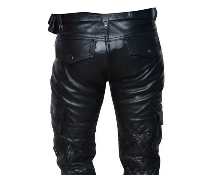 Mens Black Genuine Leather Quilted Cargo Pants Trousers