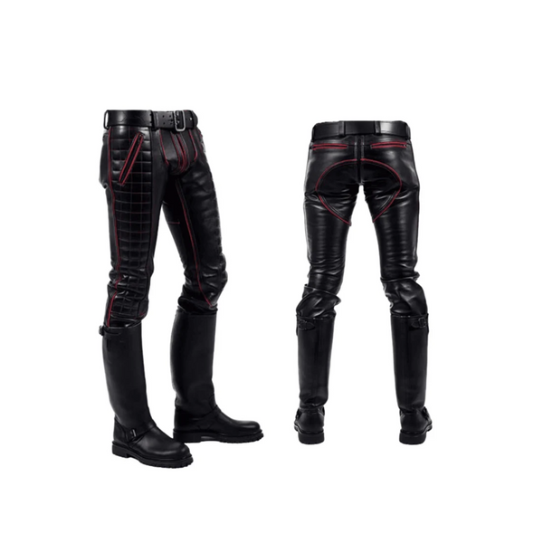 Mens Black Real Leather Pants with Piping