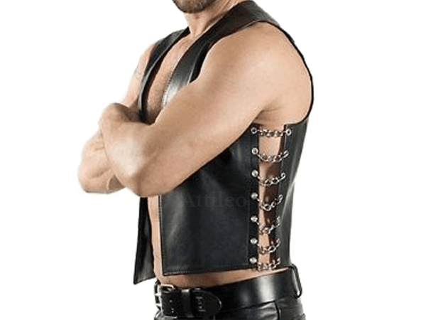 Men Black Real Leather Casual Club Wear Vest Side Chain Style Waistcoat, leather motorcycle vests