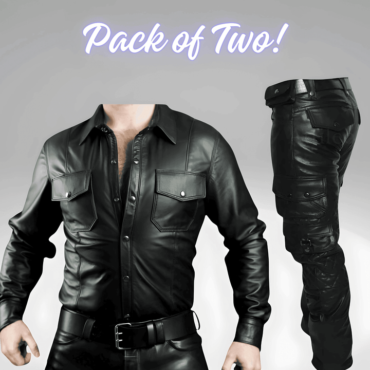 Mens Black Genuine Leather Long Sleeve Leather Shirt with Quilted Black Leather Cargo Pants for Men - Attileo Leather USA