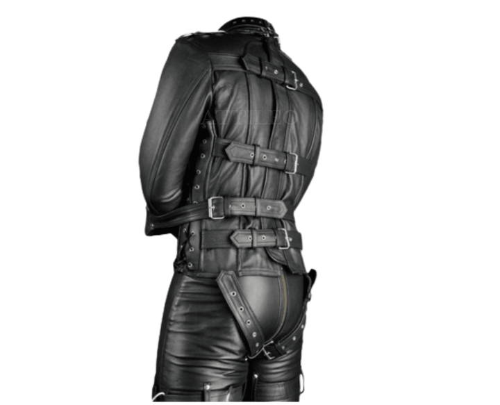 Mens Black Leather Bondage Bdsm Fetish Restriction Leather Strait Jacket - Attileo Handmade Adult Leather Products