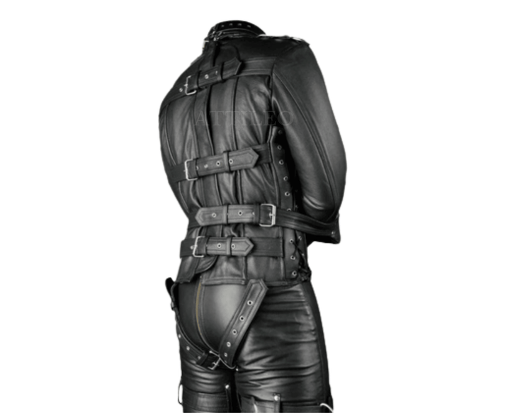 Mens Black Leather Bondage Bdsm Fetish Restriction Leather Strait Jacket - Attileo Handmade Adult Leather Products