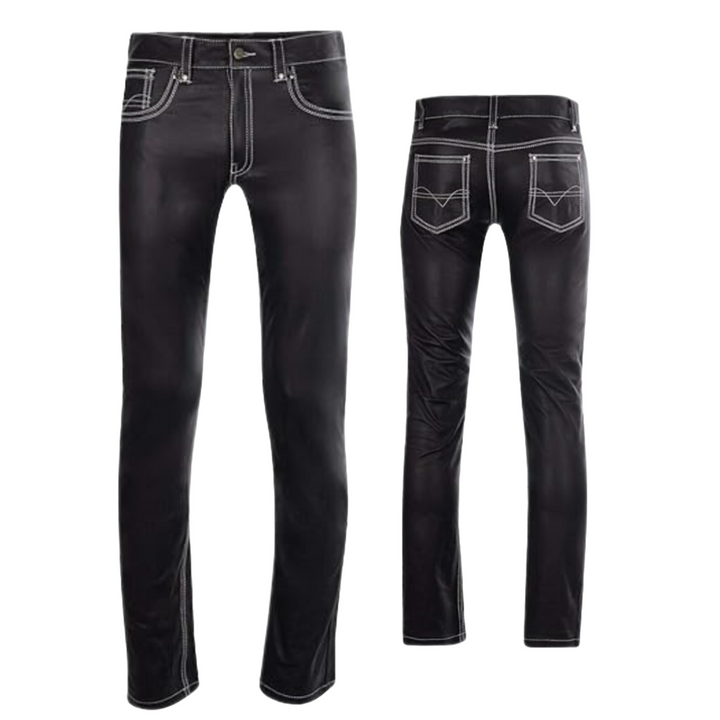 Mens Black Genuine Leather Jeans Pants 501 Jeans Style Straight Fit Real Leather Pants Trousers