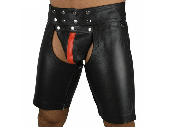 Gay Leather Black Hollow Out Wild Shorts with Color Piping and Detachable Front Jock - Attileo Handmade Adult Leather Products
