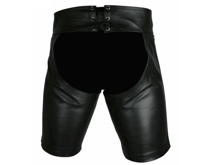 Gay Leather Black Hollow Out Wild Shorts with Color Piping and Detachable Front Jock - Attileo Handmade Adult Leather Products