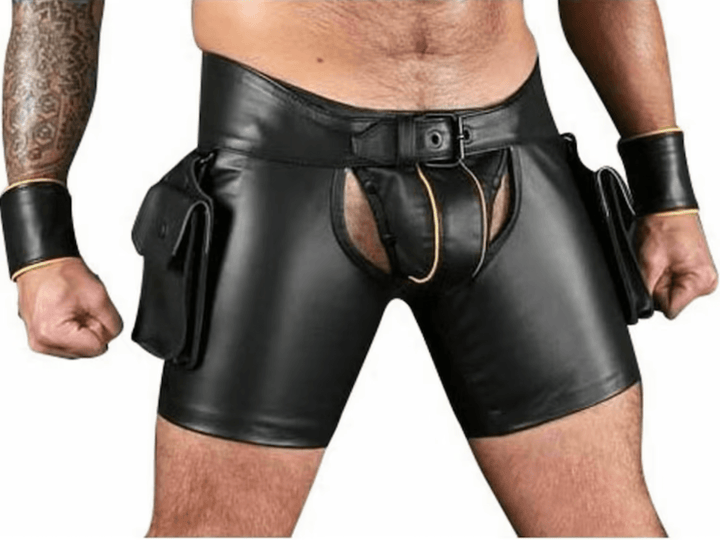 Black Real Leather Chap Shorts with Jockstrap and Wrist Bands for Men - Attileo Handmade Adult Leather Products