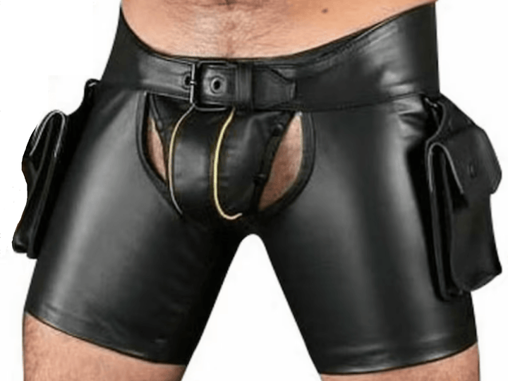 Black Real Leather Chap Shorts with Jockstrap and Wrist Bands for Men - Attileo Handmade Adult Leather Products
