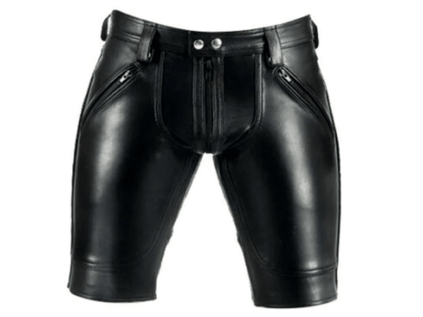 mens black leather shorts, mens leather shorts, black leather shorts