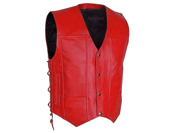 Women Handmade Red Leather Open Sides Collarless Casual Party Wear Textured Leather Vest - Attileo Handmade Adult Leather Products