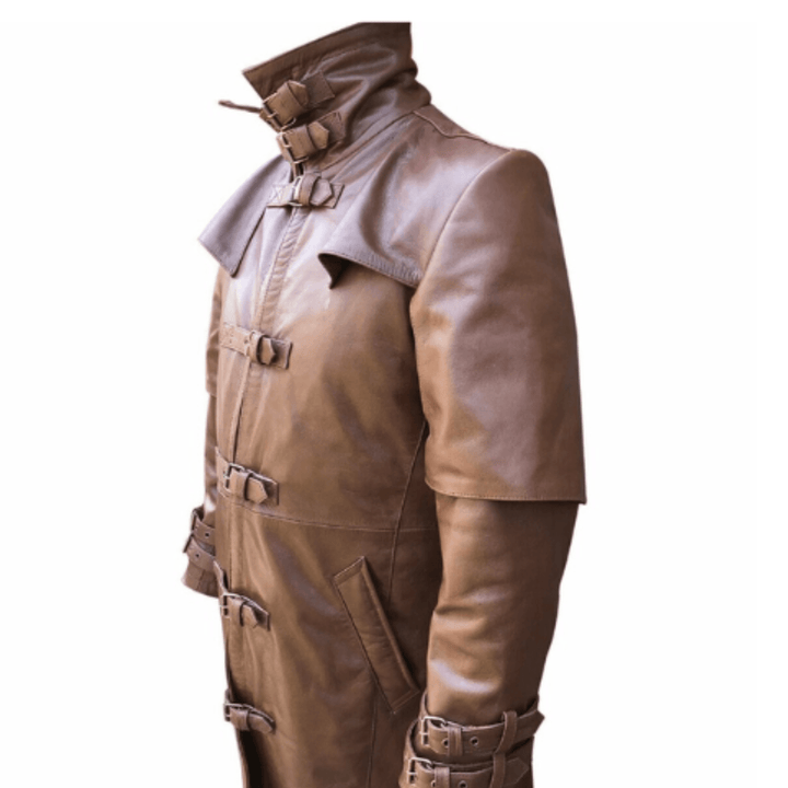 Mens Long Brown Genuine Leather Trench Coat - Real Leather Coats for Men