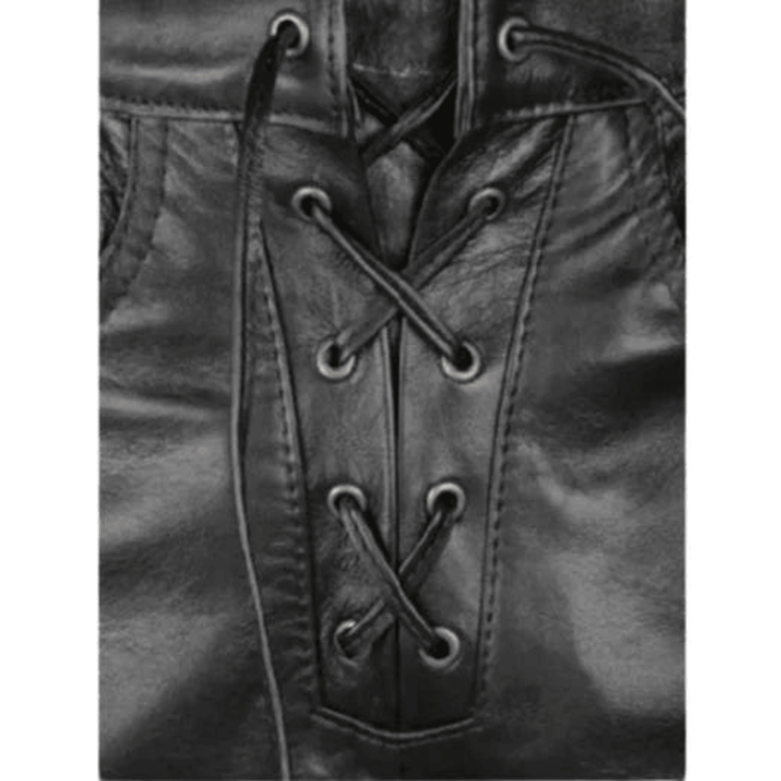 Mens Black Real Leather Pants - Front and Side Lace Up Stylish Casual Wear Trousers