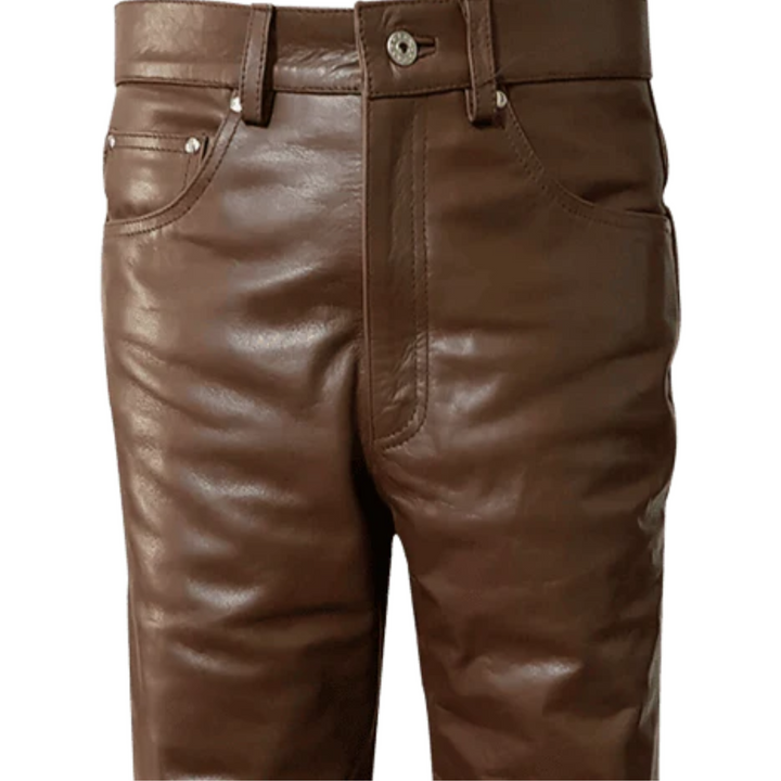Mens Brown Genuine Leather Pants - 501 Jeans Style Straight Fit Real Leather Trousers - Attileo Leather USA