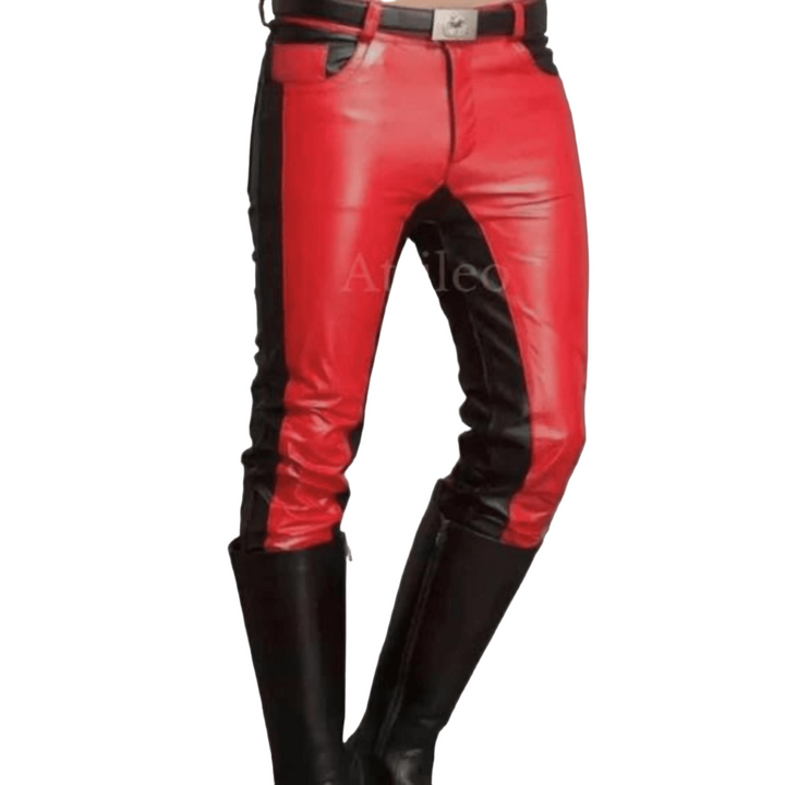 Mens Red Leather Stylish Casual Club Wear Slim Fit Leather Pants