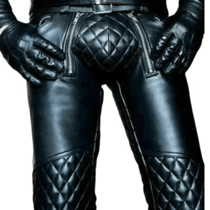Mens Black Genuine Leather Pants Trousers - Quilted Real Leather Trousers 