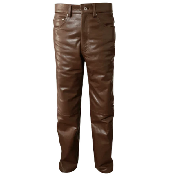 Mens Brown Genuine Leather Pants - 501 Jeans Style Straight Fit Real Leather Trousers - Attileo Leather USA