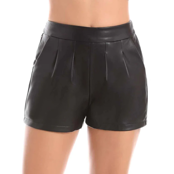 Women Real Leather Elastic High Waist Casual Party Club Wear Shorts with Pockets - Attileo Handmade Adult Leather Products