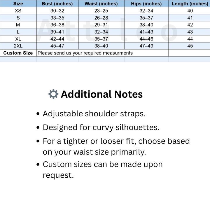 Size Chart for Women Leather Harness Cage Dress