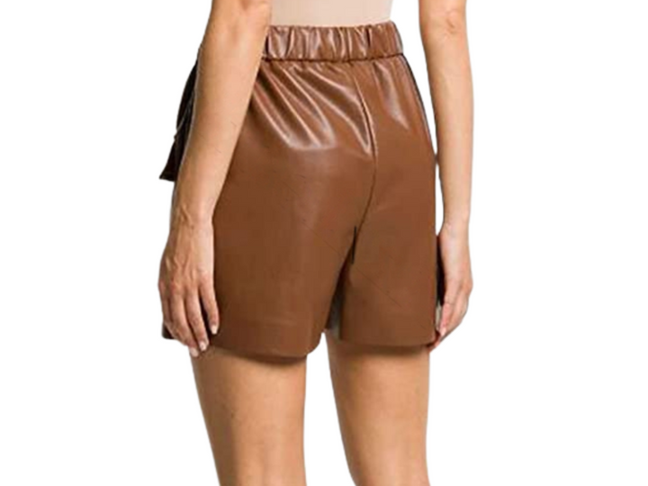Brown Lambskin Women Leather Double Front Pockets Party Casual Club Wear Shorts - Attileo Handmade Adult Leather Products