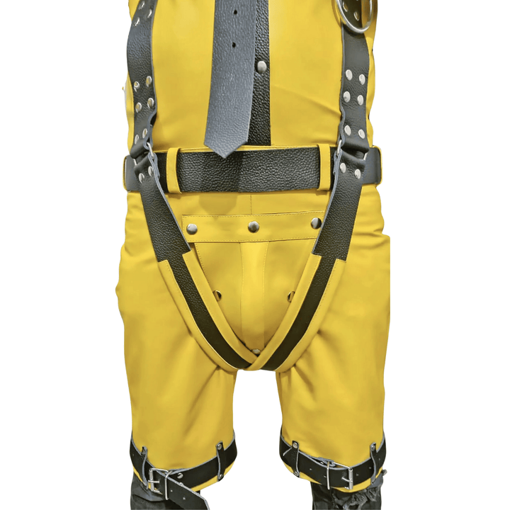 yellow leather bondage straitjacket and shorts set,
custom made leather straitjacket for fetish play,
handmade bondage straitjacket with harness straps,
premium leather bdsm restraint outfit for men,
fetish bondage gear full set with shorts,
genuine leather straitjacket with padded sleeves,
leather bdsm suit for extreme bondage,
custom size fetish leather bondage suit,
leather straitjacket harness outfit for men,
bdsm straitjacket costume for roleplay and fetish,
Attileo Leather bondage gear,