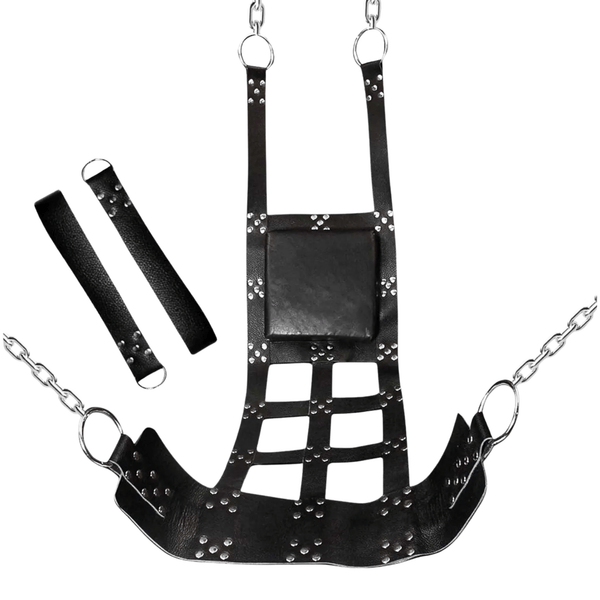Black leather bondage sling,
Premium leather sling,
Genuine leather bondage sling,
Adjustable bondage sling with headrest,
BDSM sling with padded headrest,
Leather sling with rivets,
Heavy duty bondage sling,
Luxury leather BDSM sling,
Comfortable bondage sling,
Leather suspension sling,
adjustable leather sling,
premium black leather sling with stirrups,
heavy duty bondage sling with cushion,
genuine leather sling for suspension play,
padded leather sling for comfort and support,
bondage sling with stirrup