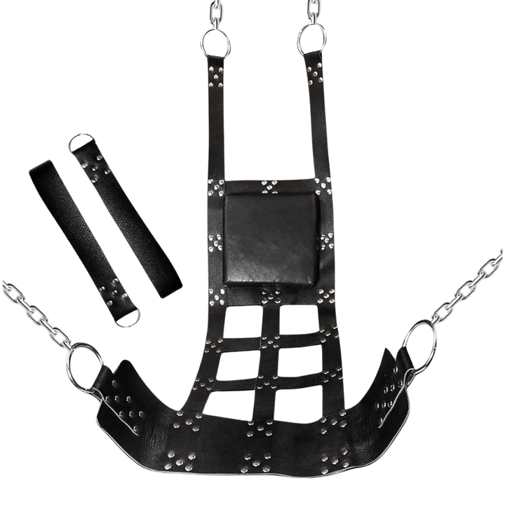 Black leather bondage sling,
Premium leather sling,
Genuine leather bondage sling,
Adjustable bondage sling with headrest,
BDSM sling with padded headrest,
Leather sling with rivets,
Heavy duty bondage sling,
Luxury leather BDSM sling,
Comfortable bondage sling,
Leather suspension sling,
adjustable leather sling,
premium black leather sling with stirrups,
heavy duty bondage sling with cushion,
genuine leather sling for suspension play,
padded leather sling for comfort and support,
bondage sling with stirrup