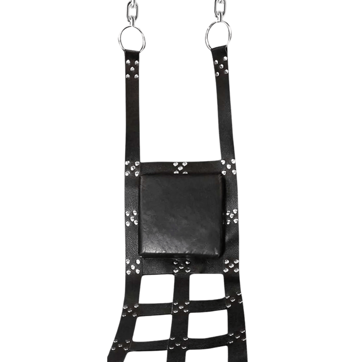 leather sling with O-rings,
adjustable leather sling,
premium black leather sling with stirrups,
heavy duty bondage sling with cushion,
genuine leather sling for suspension play,
padded leather sling for comfort and support,
bondage sling with stirrups included,
strong leather sling with reinforced rivets,
erotic leather sling,
dungeon sling,
leather sling chair,
leather sling for adults,
luxury bondage gear,
BDSM sling leather