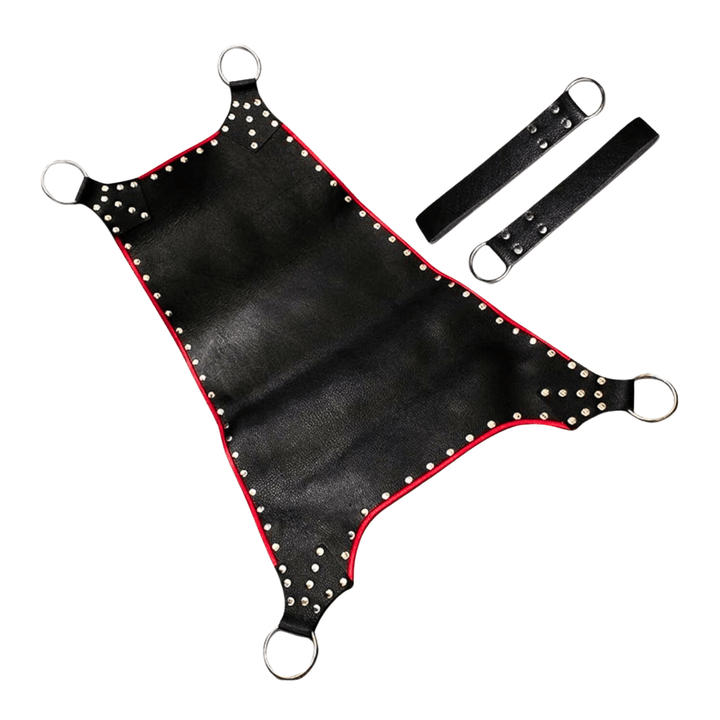 Premium black leather bondage sling with stirrups,
Heavy-duty studded leather suspension sling,
Bondage sling with reinforced O-rings and stirrups,
Handcrafted black leather sling for playroom use,
Leather sex sling with red trim and metal studs,
BDSM sling with leather stirrups included,
Luxury black leather sling for suspension play,
Strong leather bondage sling with steel O-rings,
Custom-made bondage sling with premium leather,
Leather sling set with matching stirrups