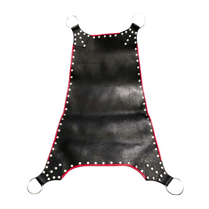 Heavy-duty leather sling,
Suspension bondage sling,
Premium leather sling,
BDSM leather sling,
Leather sex sling,
Studded leather sling,
Bondage sling with stirrups,
Leather sling with O-rings,
Leather suspension gear,
BDSM sling with stirrups,
Leather sling with red trim,
Luxury bondage sling,
Handcrafted leather sling,
Durable leather sling,
Leather sling for playroom,
BDSM furniture sling,
Studded bondage sling,
Leather sling with steel rings,