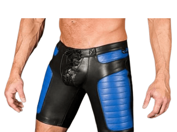 men’s leather shorts,
black and blue leather shorts,
biker leather shorts,
fetish leather shorts,
real leather biker shorts,
lace-up leather shorts,
quilted panel leather shorts,
men’s fetish wear,
clubwear leather shorts,
cosplay leather shorts,
genuine leather shorts,
men’s motorcycle shorts,
designer leather shorts,
bold style leather shorts,
leather gym shorts,
premium leather shorts for men,
leather shorts for parties,
custom leather shorts,
fetish clubwear shorts,
biker club leather shorts,