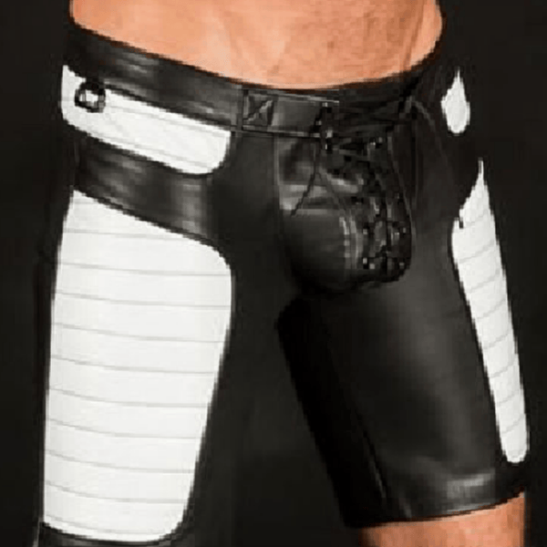 men’s leather shorts,
black and white leather shorts,
biker leather shorts,
fetish leather shorts,
real leather biker shorts,
lace-up leather shorts,
quilted panel leather shorts,
men’s fetish wear,
clubwear leather shorts,
cosplay leather shorts,
genuine leather shorts,
men’s motorcycle shorts,
designer leather shorts,
bold style leather shorts,
leather gym shorts,
premium leather shorts for men,
leather shorts for parties,
custom leather shorts,
fetish clubwear shorts,
biker club leather shorts,