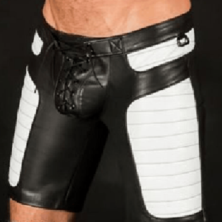 men’s leather shorts,
black and white leather shorts,
biker leather shorts,
fetish leather shorts,
real leather biker shorts,
lace-up leather shorts,
quilted panel leather shorts,
men’s fetish wear,
clubwear leather shorts,
cosplay leather shorts,
genuine leather shorts,
men’s motorcycle shorts,
designer leather shorts,
bold style leather shorts,
leather gym shorts,
premium leather shorts for men,
leather shorts for parties,
custom leather shorts,
fetish clubwear shorts,
biker club leather shorts,