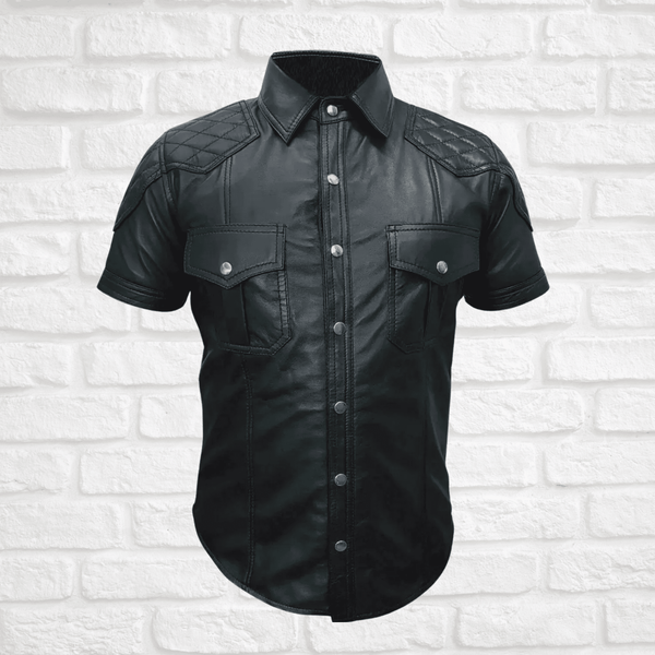 Men's leather shirt,
Short sleeve leather shirt,
Black leather shirt men,
Stylish leather shirt for men,
Quilted leather shirt,
Biker leather shirt,
Motorcycle leather shirt,
Casual leather shirt,
Men's fashion leather shirt,
Leather shirt with pockets,
Leather shirt with quilted design,
Short sleeve biker shirt,
Black quilted leather shirt,
Leather shirt with button pockets,
Silver button leather shirt,
Rugged leather shirt men,
Faux leather shirt men,
High-quality leather shirt,
Leather shirt for summer