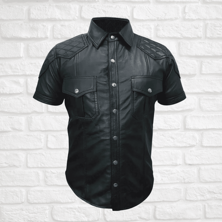 Men's leather shirt,
Short sleeve leather shirt,
Black leather shirt men,
Stylish leather shirt for men,
Quilted leather shirt,
Biker leather shirt,
Motorcycle leather shirt,
Casual leather shirt,
Men's fashion leather shirt,
Leather shirt with pockets,
Leather shirt with quilted design,
Short sleeve biker shirt,
Black quilted leather shirt,
Leather shirt with button pockets,
Silver button leather shirt,
Rugged leather shirt men,
Faux leather shirt men,
High-quality leather shirt,
Leather shirt for summer