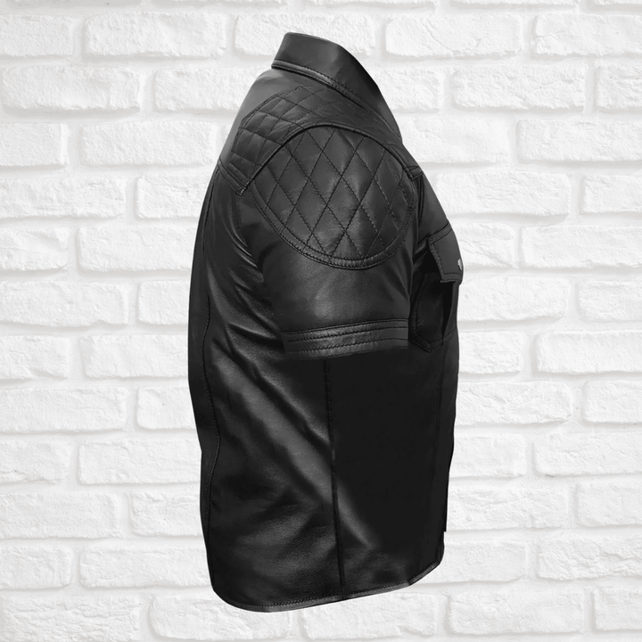 Men's leather shirt,
Short sleeve leather shirt,
Black leather shirt men,
Stylish leather shirt for men,
Quilted leather shirt,
Biker leather shirt,
Motorcycle leather shirt,
Casual leather shirt,
Men's fashion leather shirt,
Leather shirt with pockets,
Leather shirt with quilted design,
Short sleeve biker shirt,
Black quilted leather shirt,
Leather shirt with button pockets,
Silver button leather shirt,
Rugged leather shirt men,
Faux leather shirt men,
High-quality leather shirt,
Leather shirt for summer