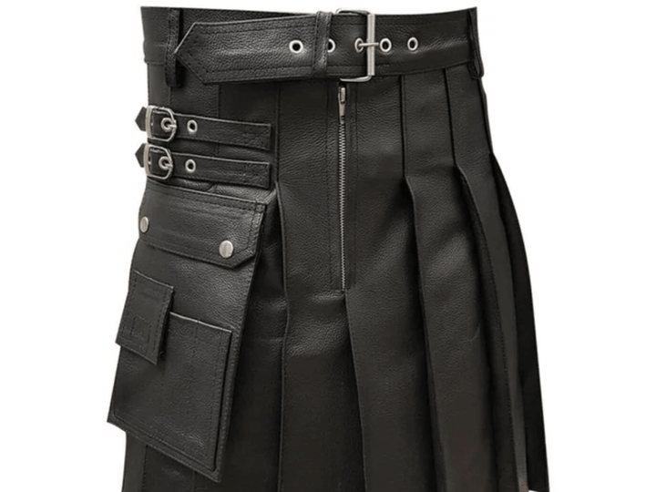 Genuine Black Leather Gladiator Pleated Cargo Kilt for Men - Attileo Handmade Adult Leather Products