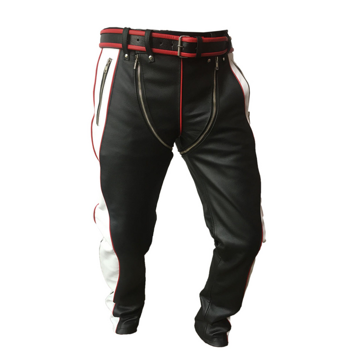 red black and white leather pants, leather pants, mens leather pants, mens white leather pants, white leather pants, real leather pants, white leather trousers, black and white leather pants, white and black leather pants