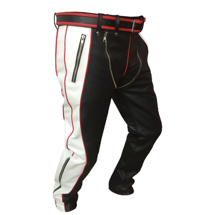 red black and white leather pants, leather pants, mens leather pants, mens white leather pants, white leather pants, real leather pants, white leather trousers, black and white leather pants, white and black leather pants