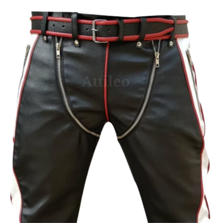 red black and white leather pants, leather pants, mens leather pants, mens white leather pants, white leather pants, real leather pants, white leather trousers, black and white leather pants, white and black leather pants