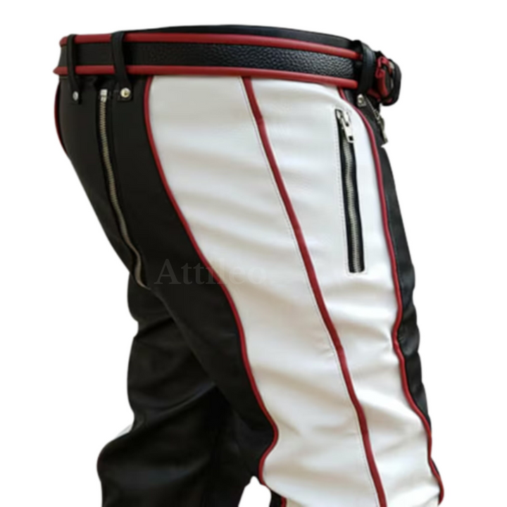 red black and white leather pants, leather pants, mens leather pants, mens white leather pants, white leather pants, real leather pants, white leather trousers, black and white leather pants, white and black leather pants