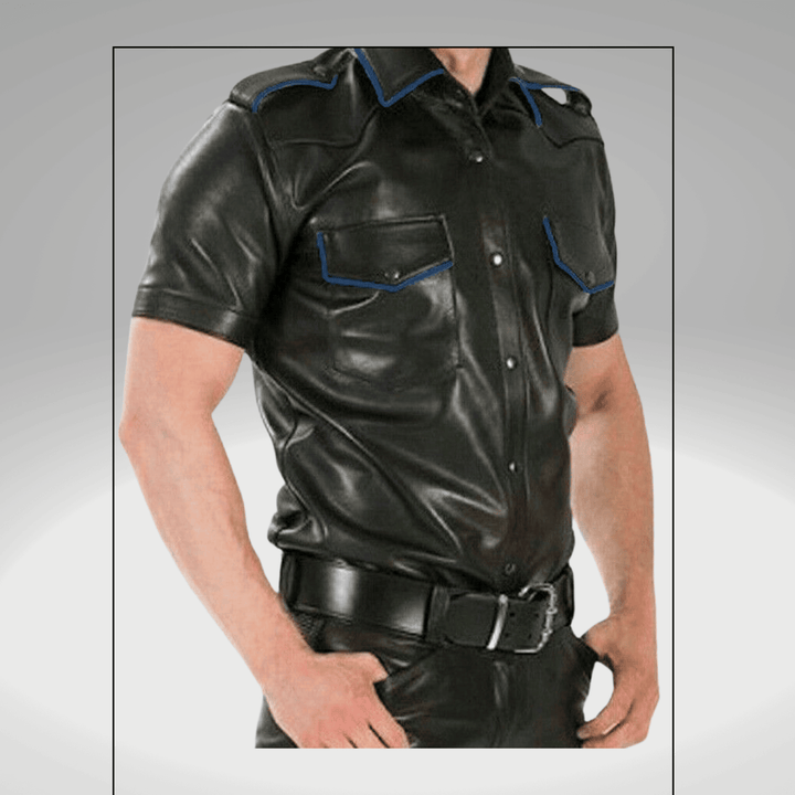 Black Genuine Leather Short Sleeve Western Style Shirt for Men